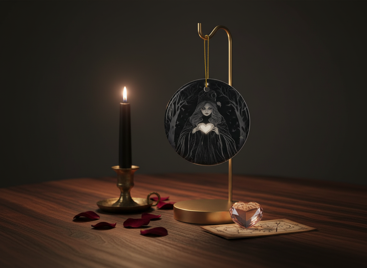 Gothic Witch & Glowing Heart Ceramic Ornament (Double‑Sided) - Divine Mystic Moons