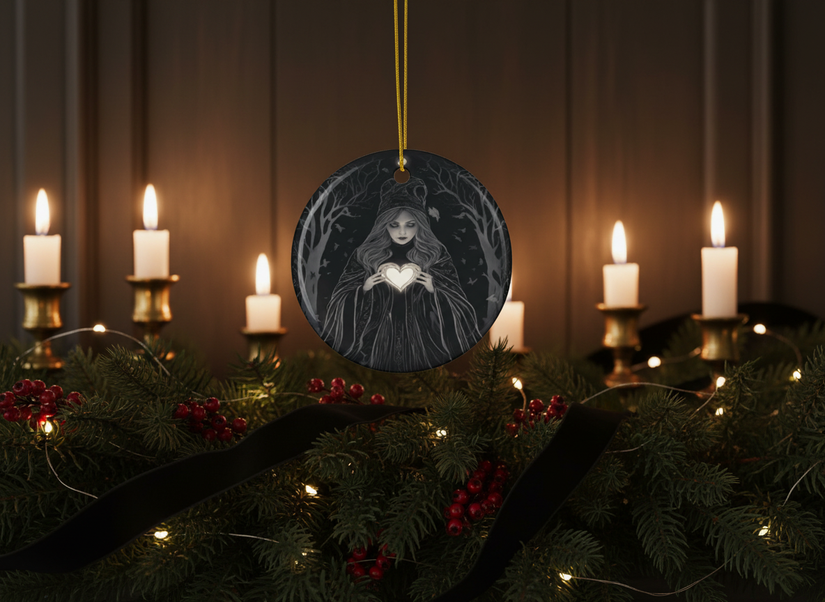 Gothic Witch & Glowing Heart Ceramic Ornament (Double‑Sided) - Divine Mystic Moons