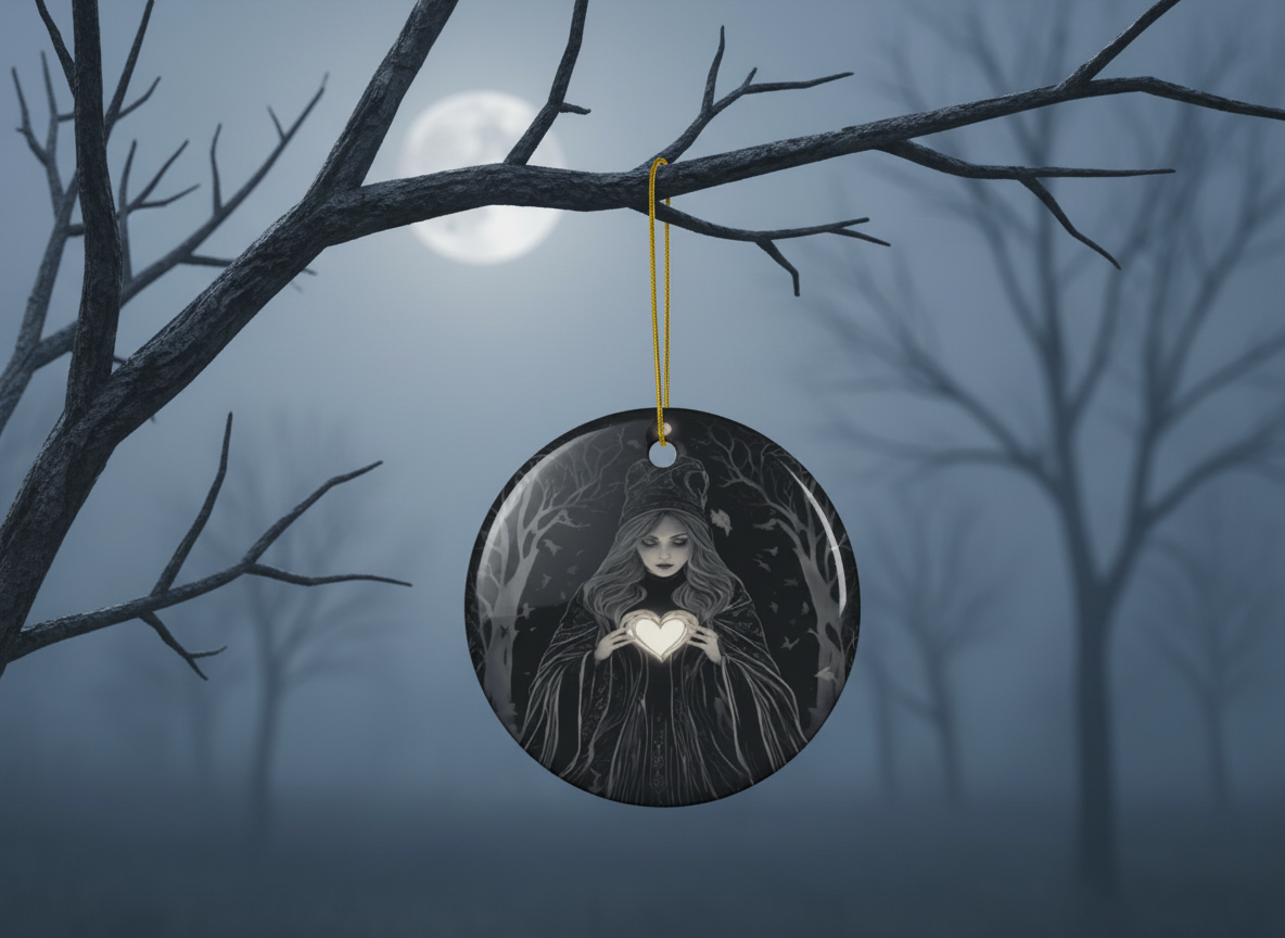 Gothic Witch & Glowing Heart Ceramic Ornament (Double‑Sided) - Divine Mystic Moons