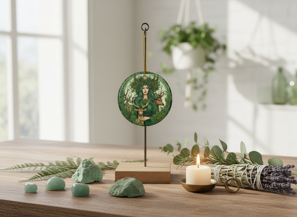 Green Woodland Goddess Ceramic Ornament (Double‑Sided) - Divine Mystic Moons