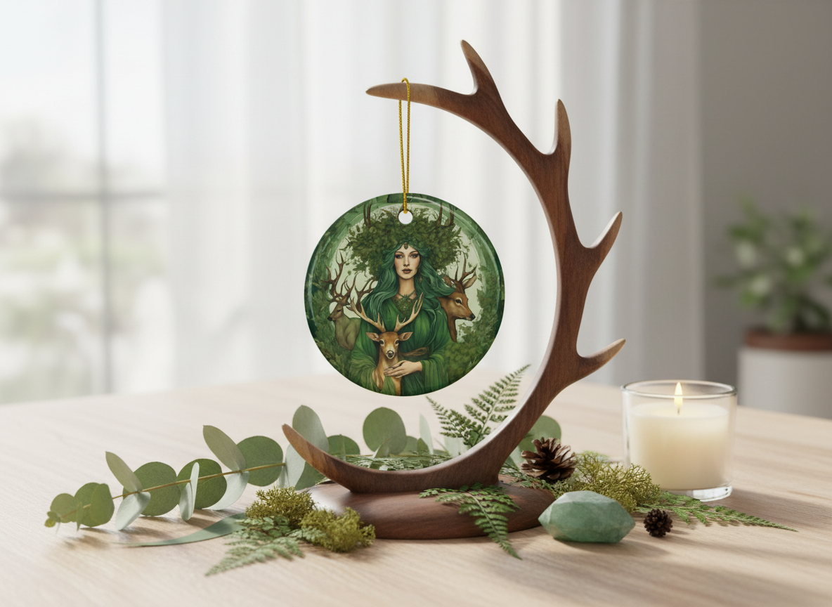Green Woodland Goddess Ceramic Ornament (Double‑Sided) - Divine Mystic Moons