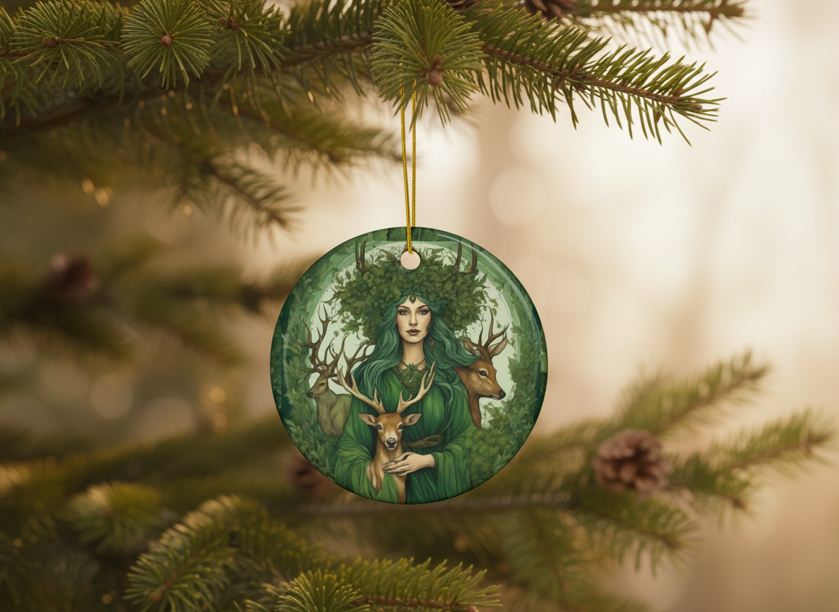 Green Woodland Goddess Ceramic Ornament (Double‑Sided) - Divine Mystic Moons