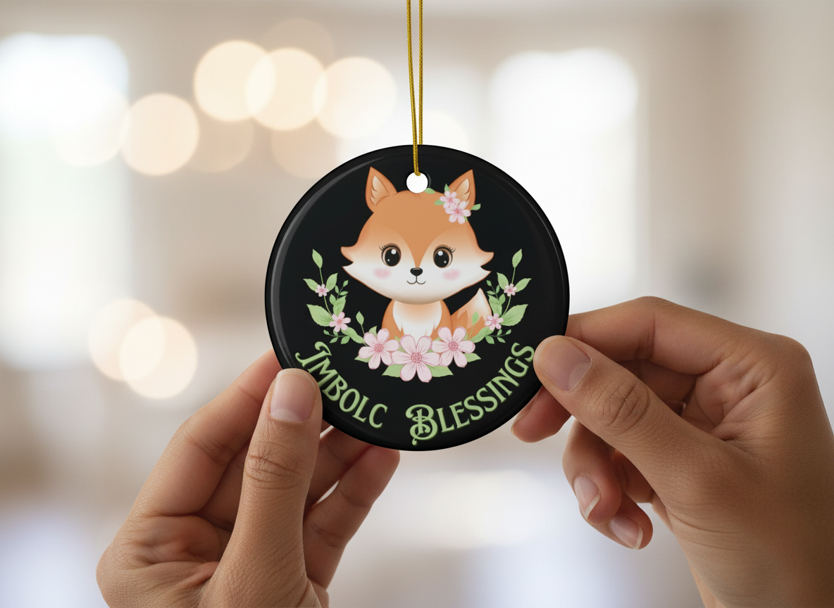 Imbolc Blessings Fox Ceramic Ornament (Double‑Sided) - Divine Mystic Moons