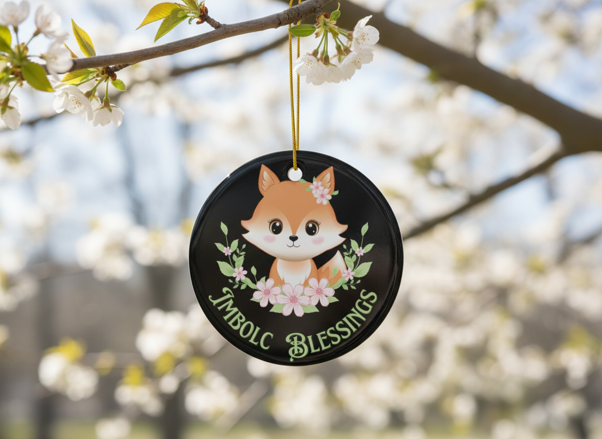 Imbolc Blessings Fox Ceramic Ornament (Double‑Sided) - Divine Mystic Moons