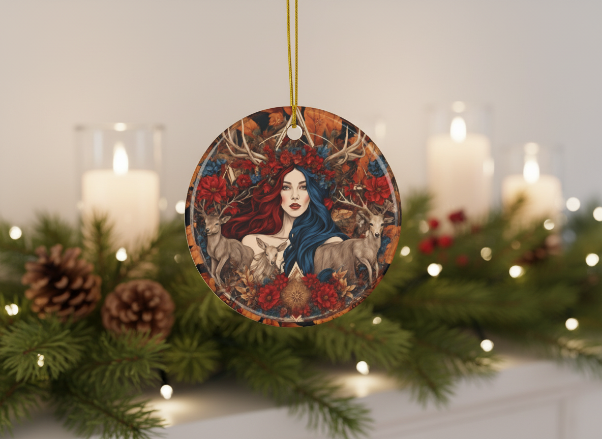 Woodland Stag Goddess Ceramic Ornament (Double‑Sided) - Divine Mystic Moons