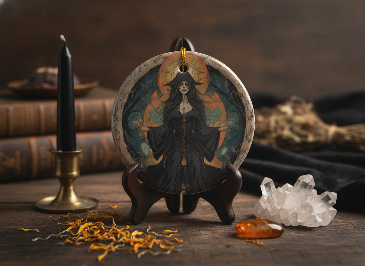 Moon Halo Witch Ceramic Ornament (Double‑Sided) - Divine Mystic Moons