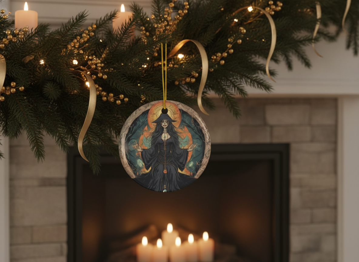 Moon Halo Witch Ceramic Ornament (Double‑Sided) - Divine Mystic Moons