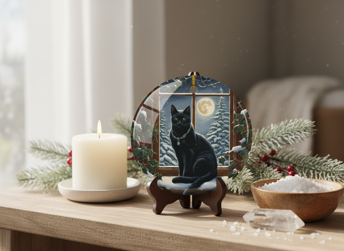 Moonlit Winter Black Cat Ceramic Ornament (Double‑Sided) - Divine Mystic Moons