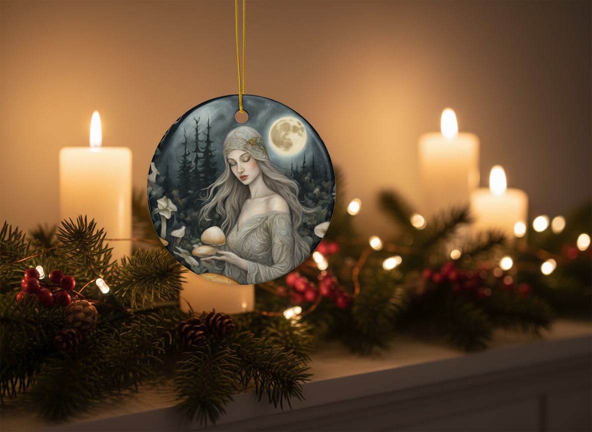 Moonlit Mushroom Witch Ceramic Ornament (Double‑Sided) - Divine Mystic Moons