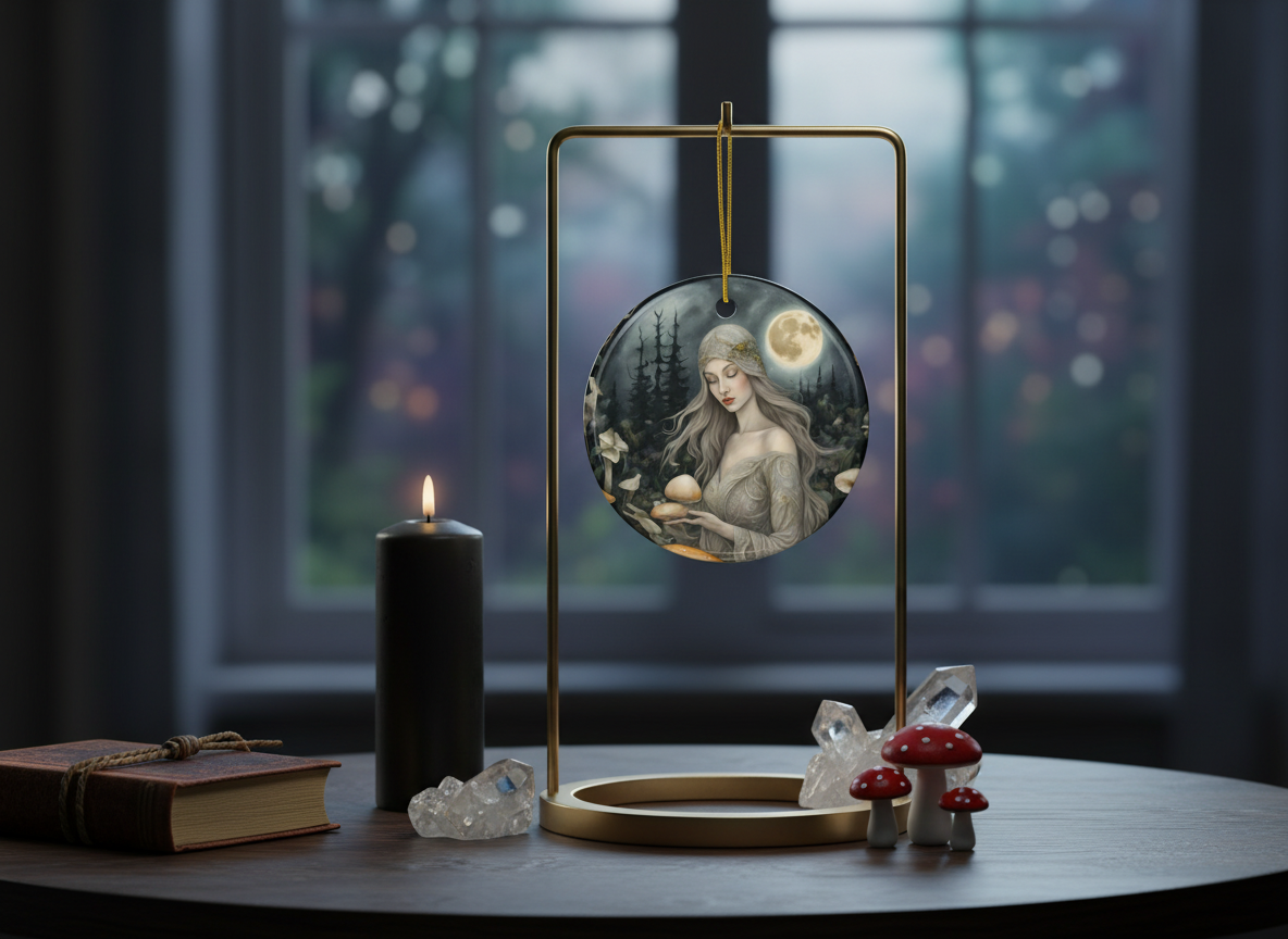 Moonlit Mushroom Witch Ceramic Ornament (Double‑Sided) - Divine Mystic Moons