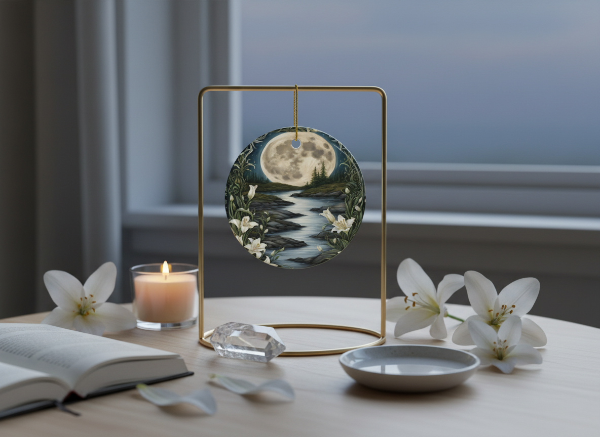 Moonlit River & White Lilies Ceramic Ornament (Double‑Sided) - Divine Mystic Moons