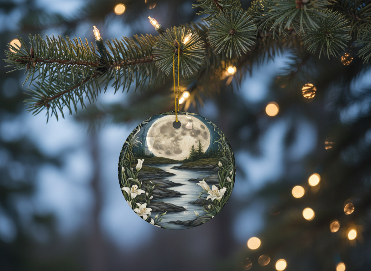 Moonlit River & White Lilies Ceramic Ornament (Double‑Sided) - Divine Mystic Moons