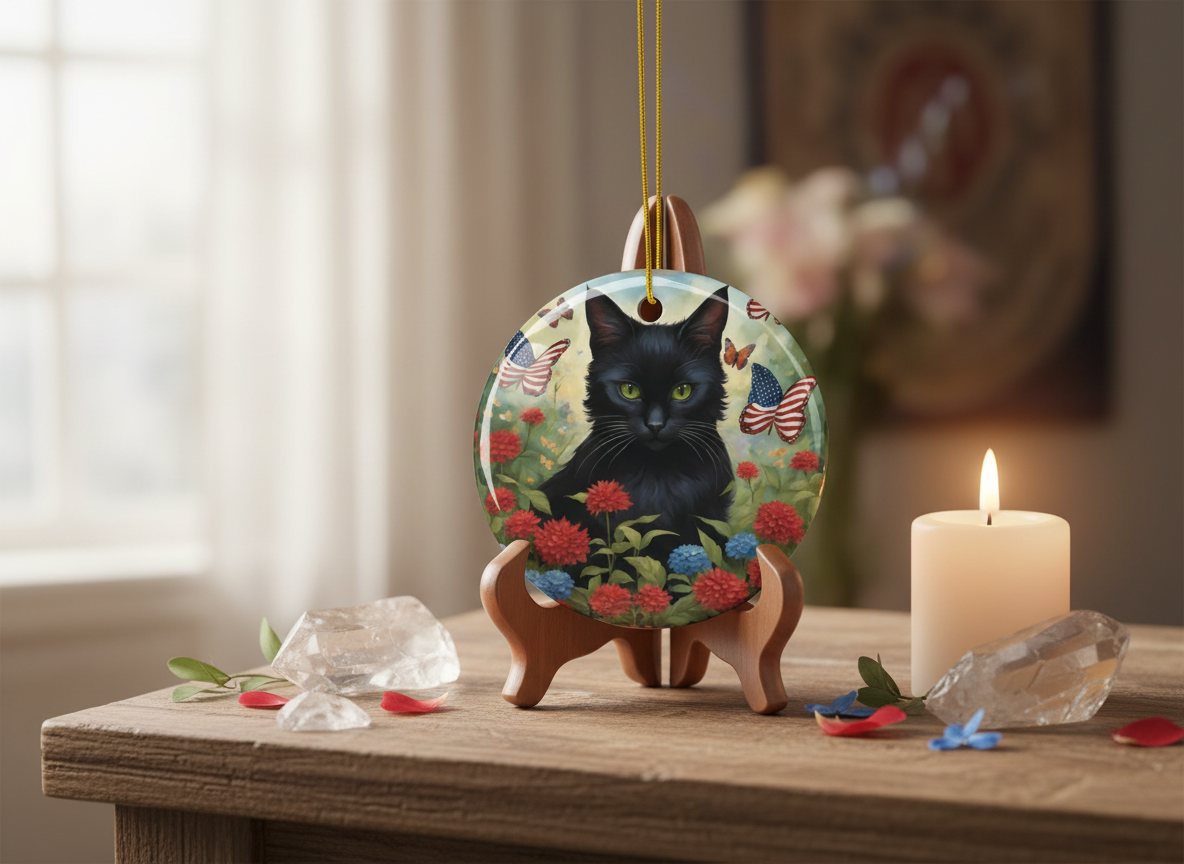 Black Cat Patriotic Butterfly Garden Ceramic Ornament (Double‑Sided) - Divine Mystic Moons