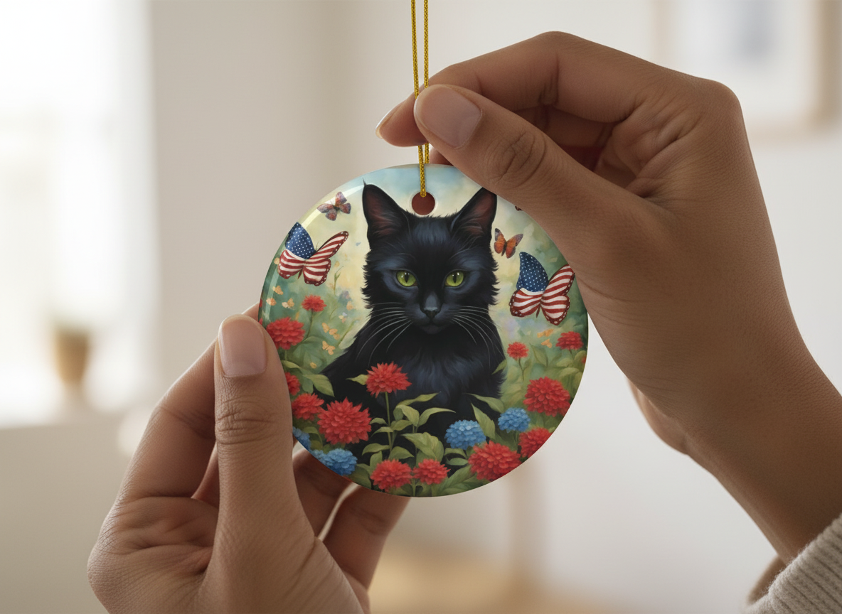 Black Cat Patriotic Butterfly Garden Ceramic Ornament (Double‑Sided) - Divine Mystic Moons