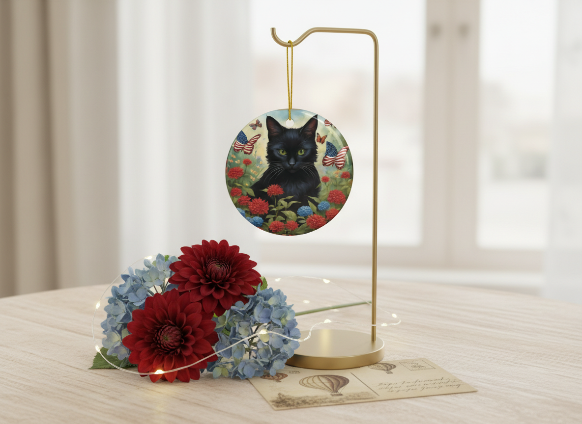 Black Cat Patriotic Butterfly Garden Ceramic Ornament (Double‑Sided) - Divine Mystic Moons