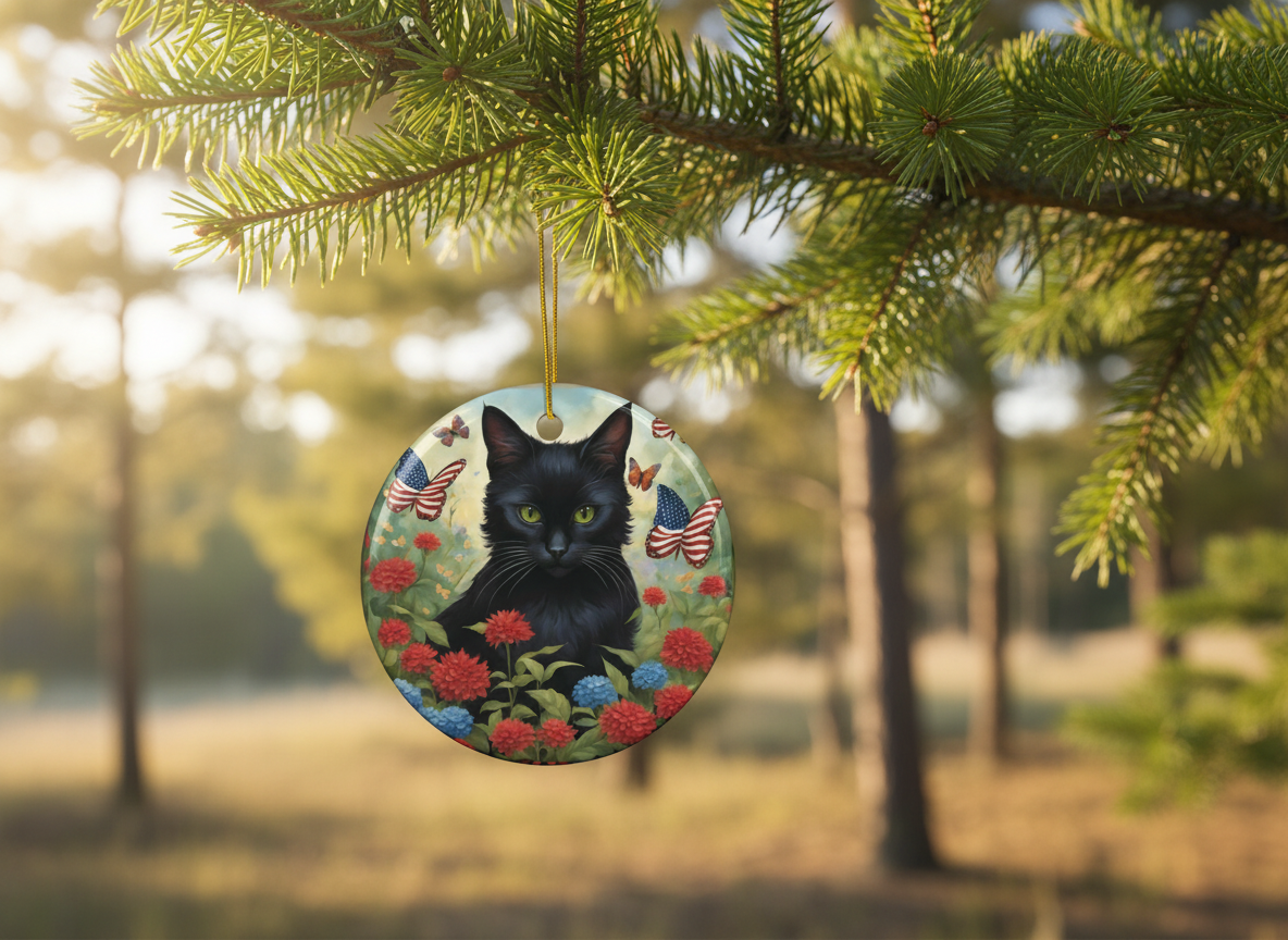 Black Cat Patriotic Butterfly Garden Ceramic Ornament (Double‑Sided) - Divine Mystic Moons