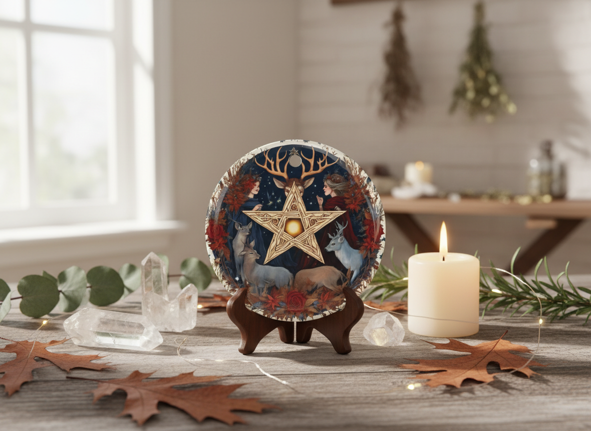 Autumn Pentacle & Stags Ceramic Ornament (Double‑Sided) - Divine Mystic Moons