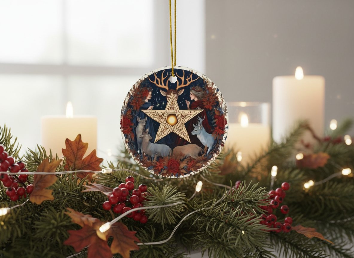 Autumn Pentacle & Stags Ceramic Ornament (Double‑Sided) - Divine Mystic Moons