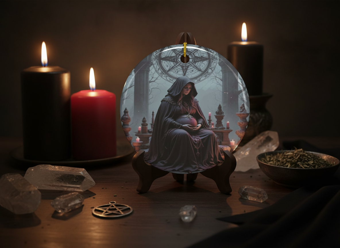 Sacred Mother Witch Ceramic Ornament (Double‑Sided) - Divine Mystic Moons