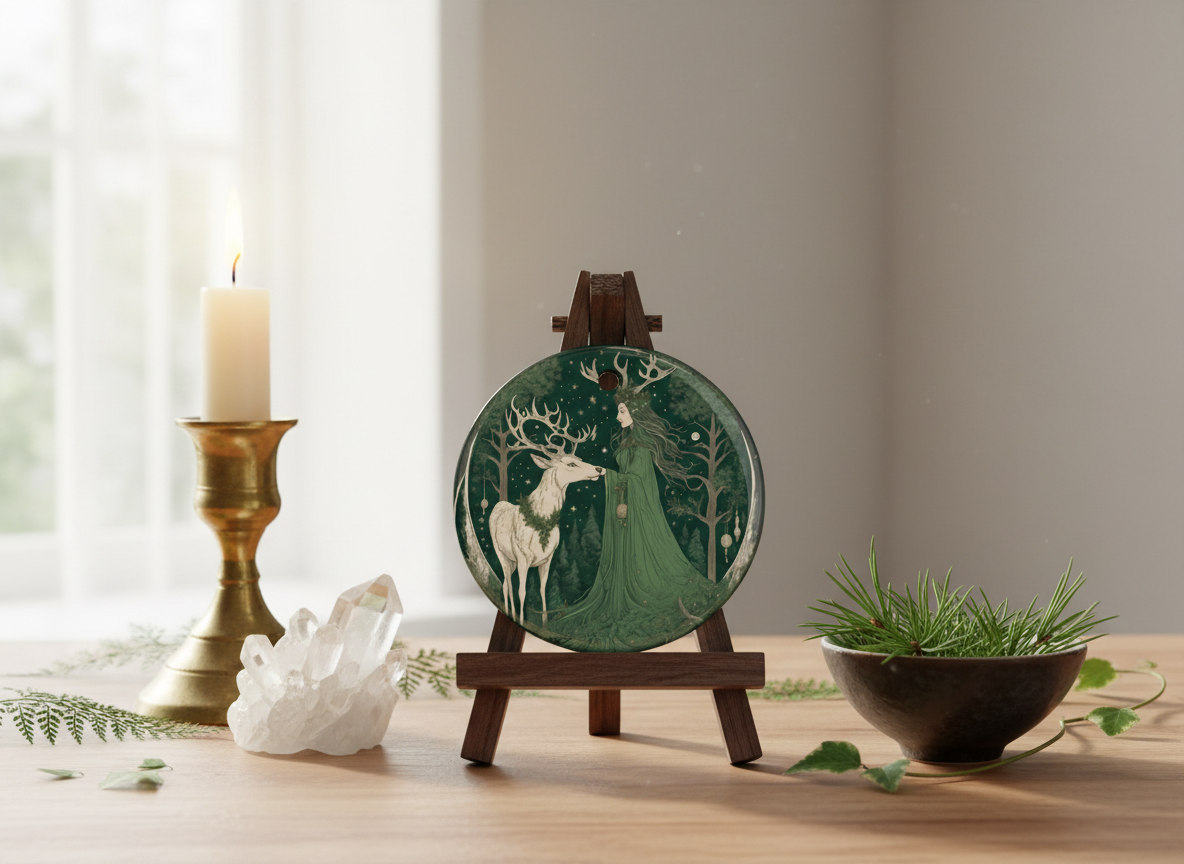 Ethereal Green Stag Goddess, Yule Witch Ceramic Ornament (Double‑Sided) - Divine Mystic Moons