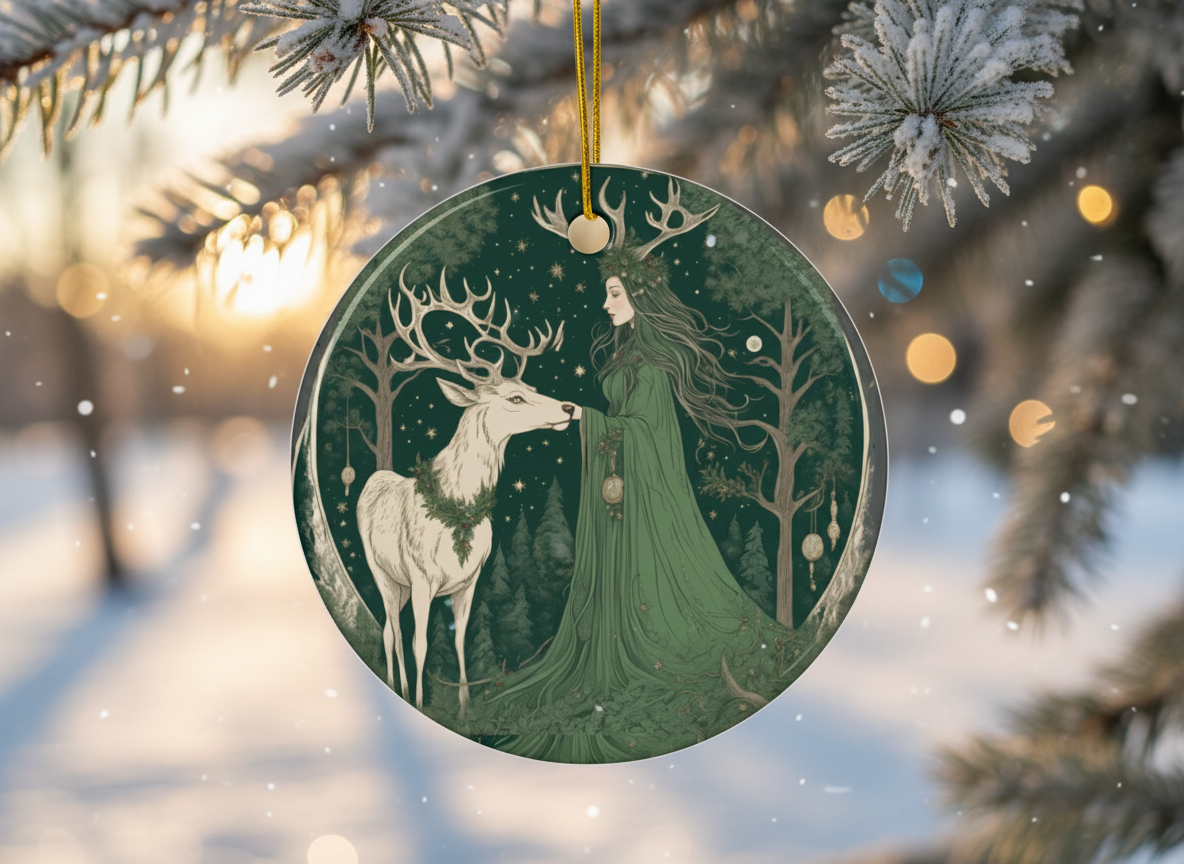 Ethereal Green Stag Goddess, Yule Witch Ceramic Ornament (Double‑Sided) - Divine Mystic Moons