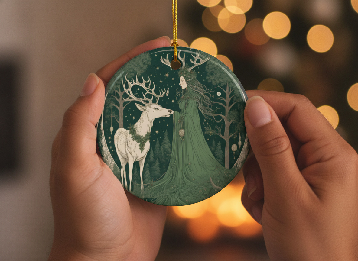 Ethereal Green Stag Goddess, Yule Witch Ceramic Ornament (Double‑Sided) - Divine Mystic Moons