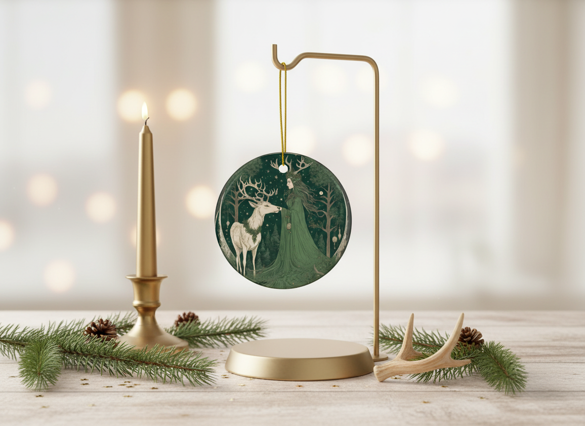 Ethereal Green Stag Goddess, Yule Witch Ceramic Ornament (Double‑Sided) - Divine Mystic Moons