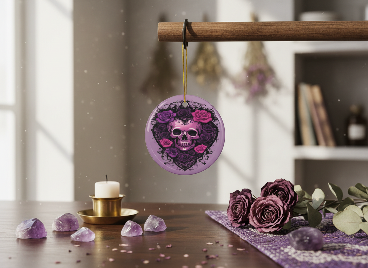 Purple Skull & Roses Ceramic Ornament (Double‑Sided) - Divine Mystic Moons