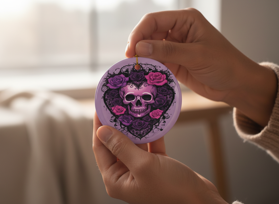 Purple Skull & Roses Ceramic Ornament (Double‑Sided) - Divine Mystic Moons