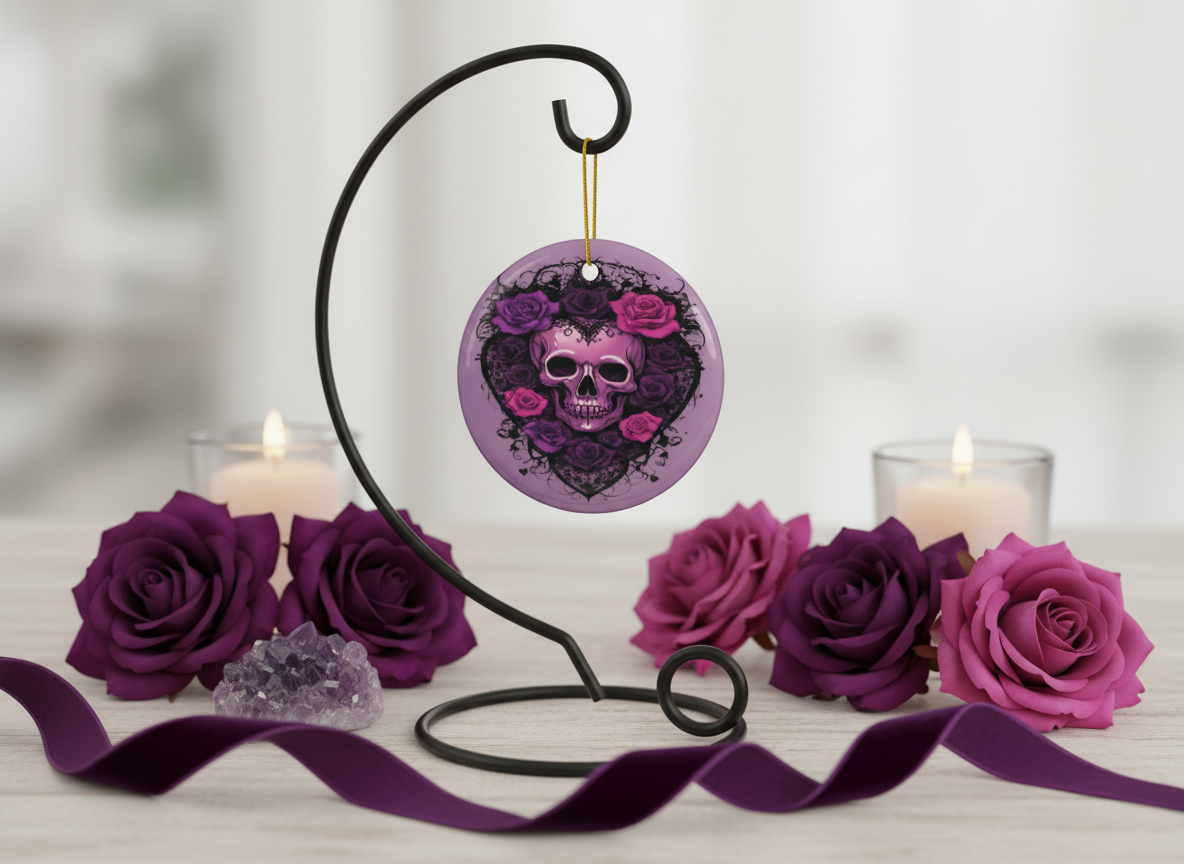 Purple Skull & Roses Ceramic Ornament (Double‑Sided) - Divine Mystic Moons