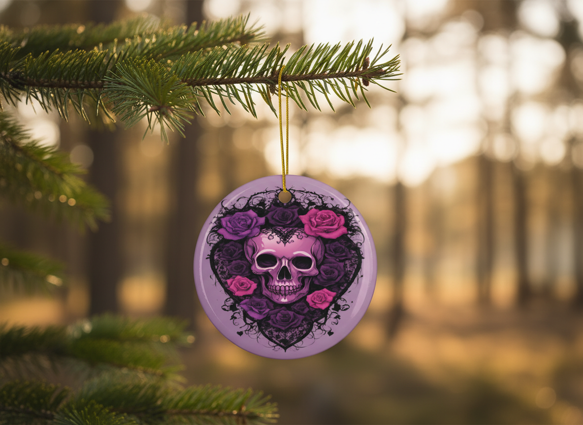 Purple Skull & Roses Ceramic Ornament (Double‑Sided) - Divine Mystic Moons