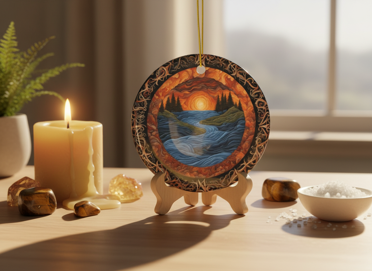 Sunset River Filigree Ceramic Ornament (Double‑Sided) - Divine Mystic Moons