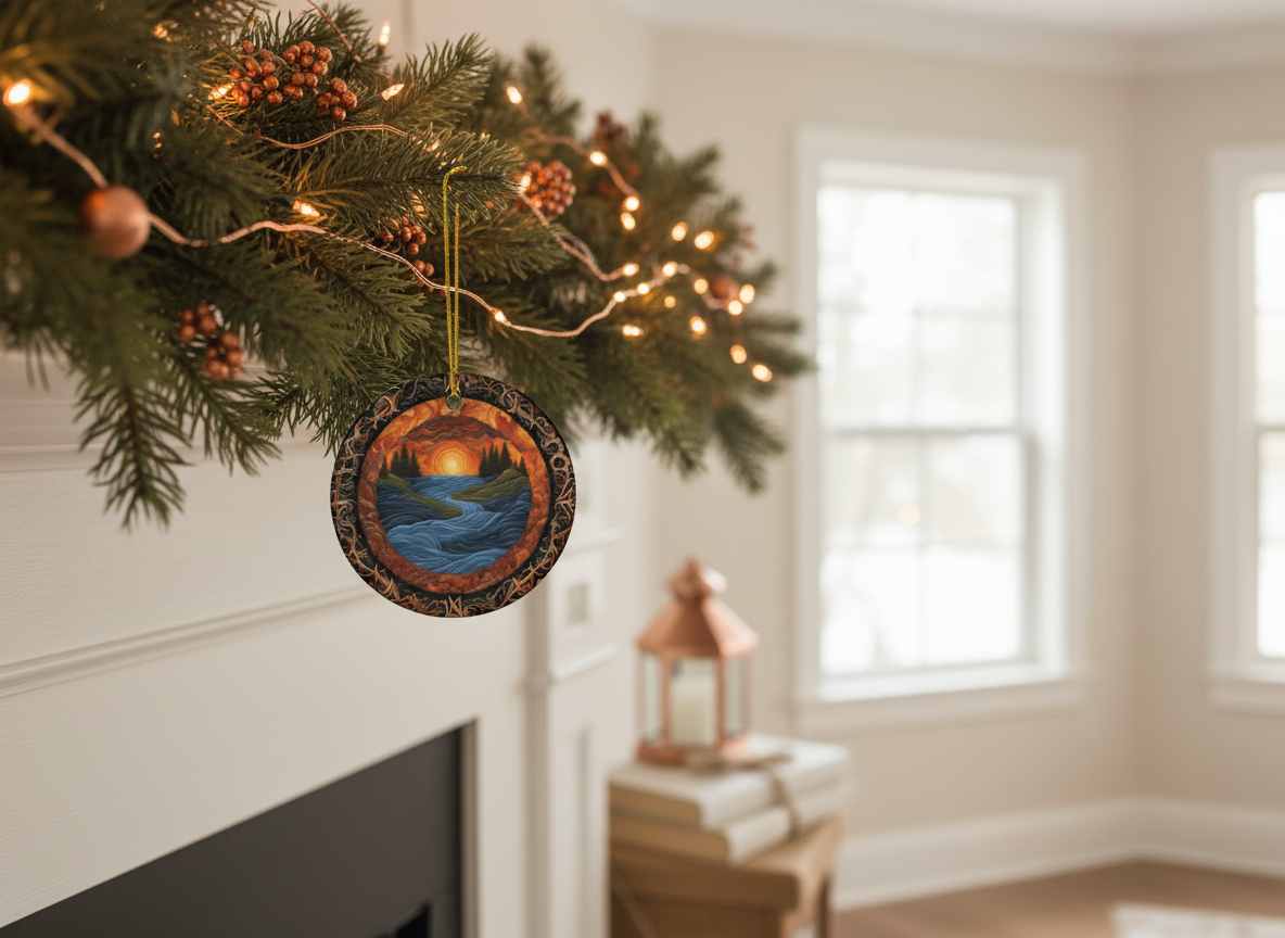 Sunset River Filigree Ceramic Ornament (Double‑Sided) - Divine Mystic Moons