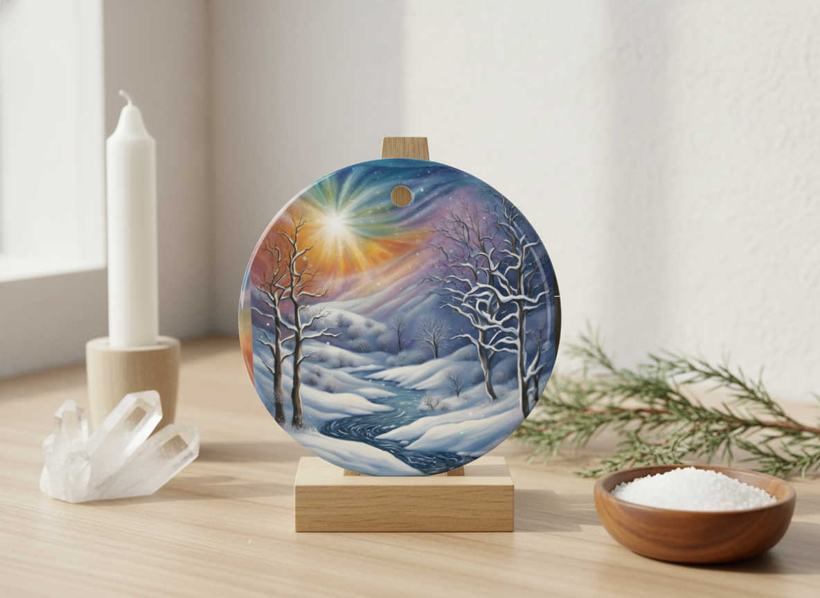 Winter Sunrise River Ceramic Ornament (Double‑Sided) - Divine Mystic Moons