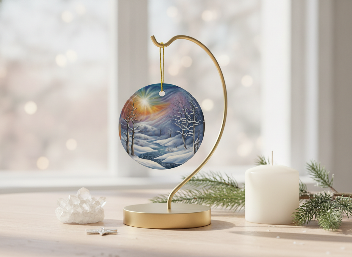 Winter Sunrise River Ceramic Ornament (Double‑Sided) - Divine Mystic Moons