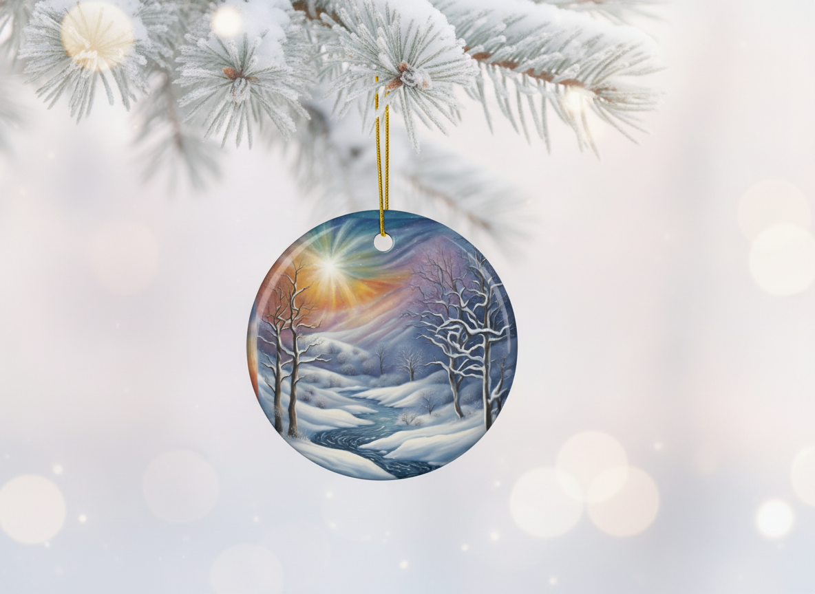 Winter Sunrise River Ceramic Ornament (Double‑Sided) - Divine Mystic Moons
