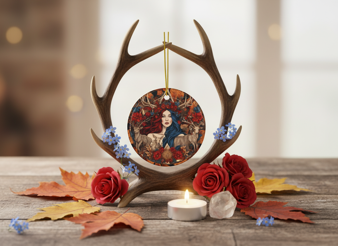 Woodland Stag Goddess Ceramic Ornament (Double‑Sided) - Divine Mystic Moons